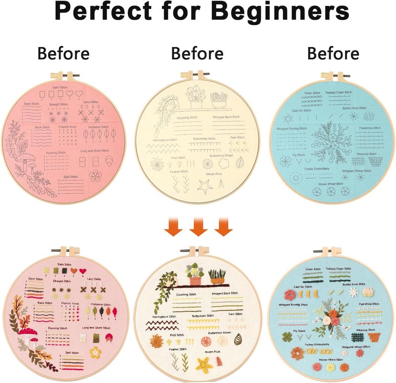 JOINRUN Beginner Embroidery Kit for Adults, 3 Pack Cross Stitch Kits with Pre-Printed Patterns, Threads, Needles, Learn Stitches with 7.8" Hoop, Video Tutorial, DIY Needlework Craft Gift for Women - Image 5